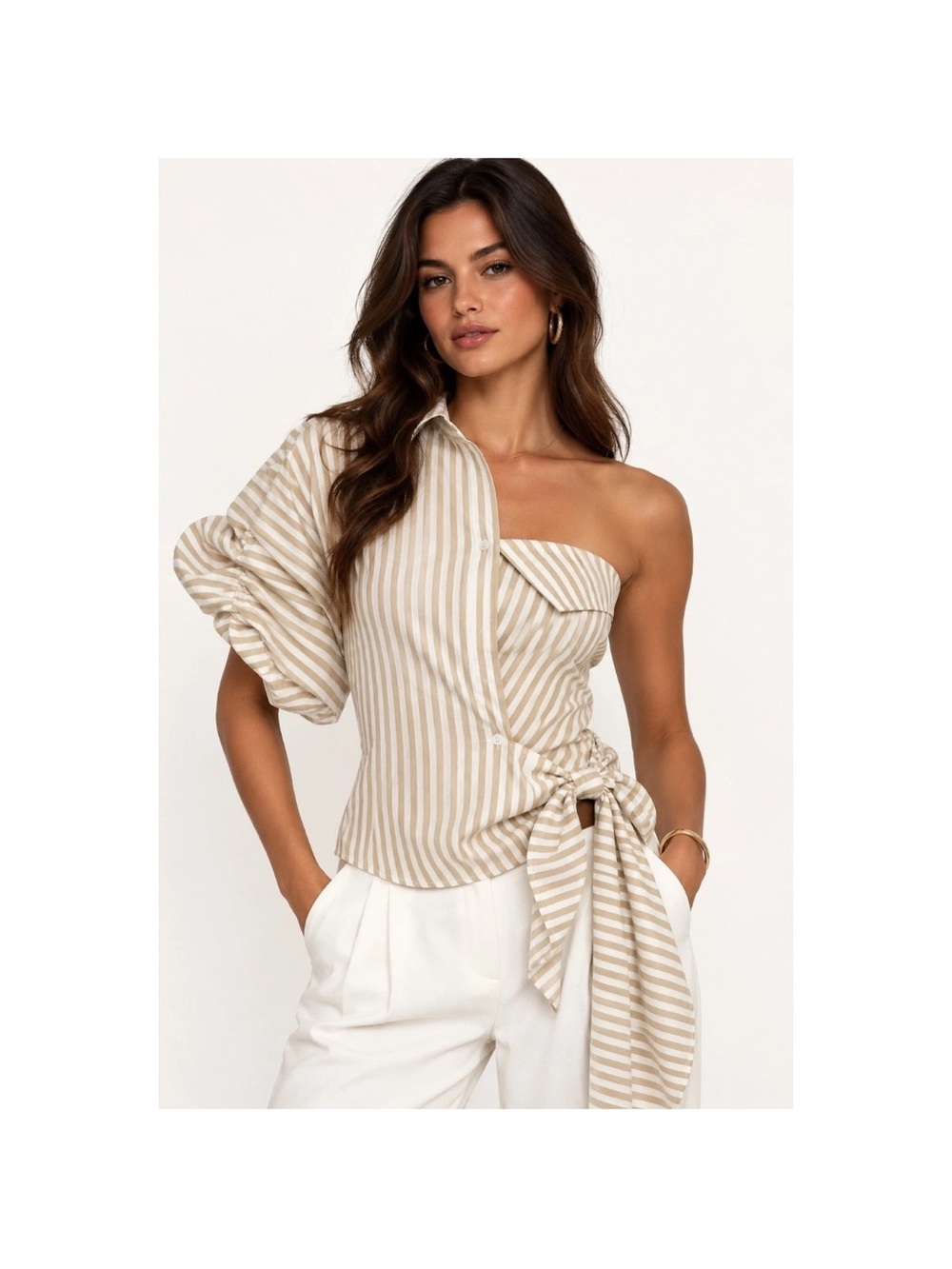 Luxxel One Shoulder Striped Button Down Blouse Asymmetric M Olive Tan White